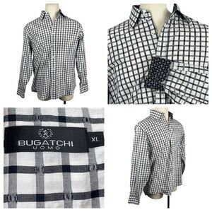 Bugatchi White Shirt with Black Grid Check Pattern